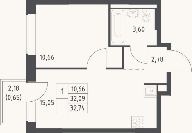 Планировка: 2-к, 32,1 м²