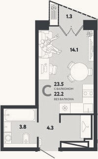 Планировка: Студия, 22,2 м²