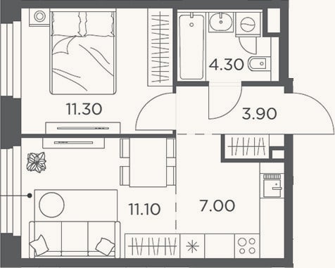 Планировка: 2-к, 37,6 м²