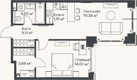 Планировка: 2-к, 48,9 м²