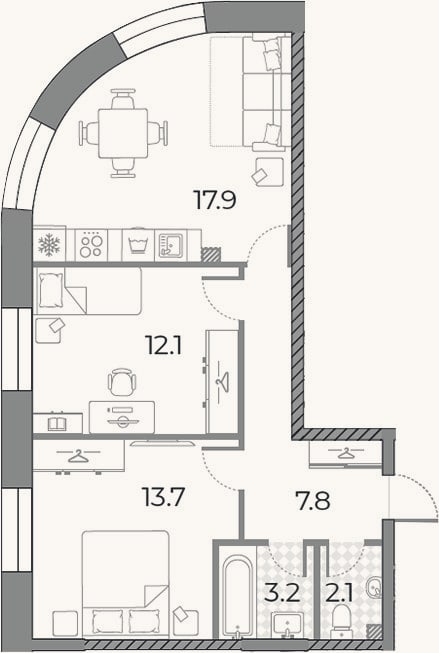 Планировка: 3-к, 56,8 м²