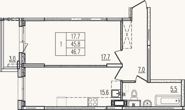 Планировка: 1-к, 45,8 м²