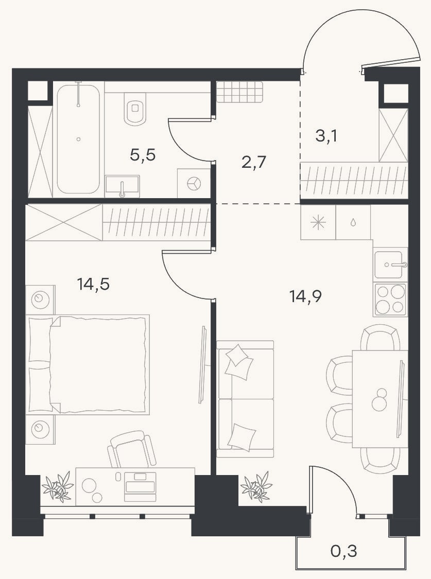 Планировка: 1-к, 40,7 м²