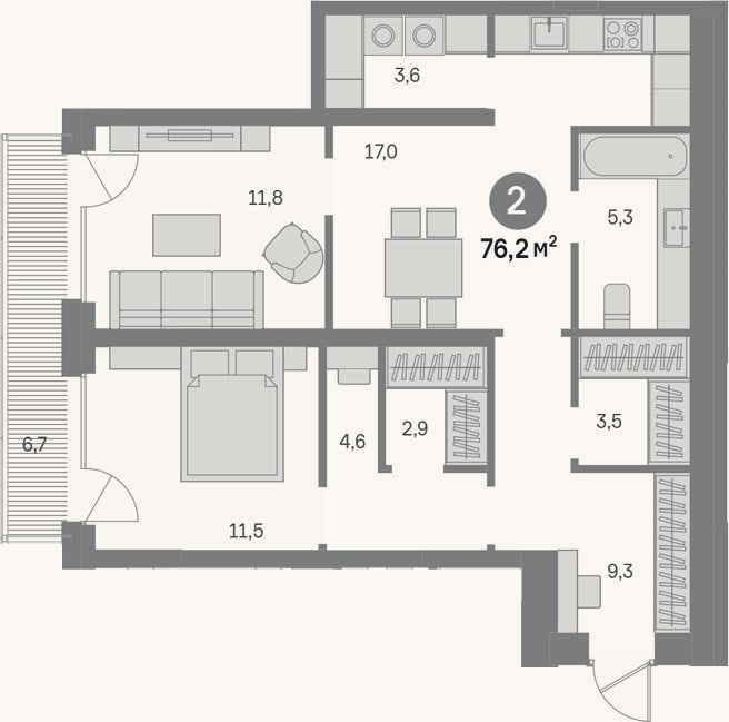 Планировка: 2-к, 69,5 м²