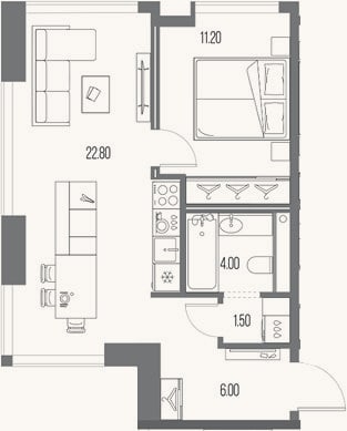 Планировка: 1-к, 45,5 м²