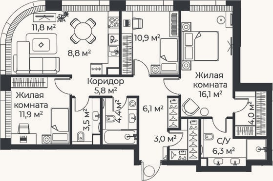 Планировка: 4+ к, 92,6 м²