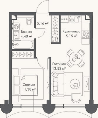 Планировка: 2-к, 39,9 м²