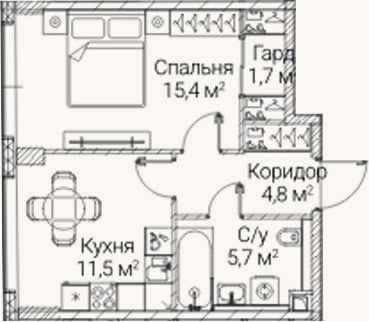 Планировка: 1-к, 39,1 м²