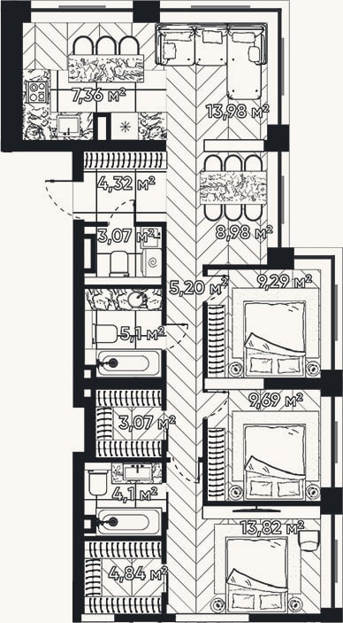 Планировка: 4+ к, 92,8 м²