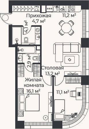 Планировка: 3-к, 63,2 м²