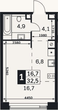 Планировка: Студия, 32,5 м²