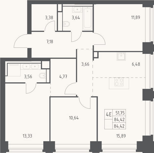 Планировка: 4+ к, 84,4 м²