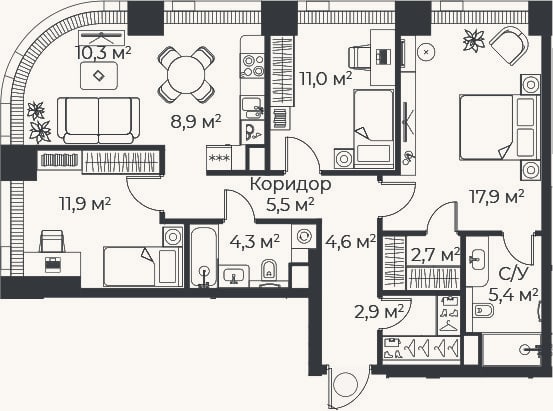 Планировка: 4+ к, 85,2 м²