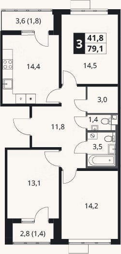 Планировка: 3-к, 76 м²