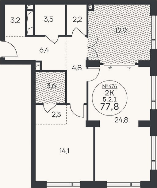 Планировка: 2-к, 77,8 м²