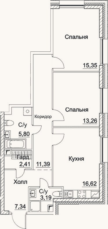 Планировка: 3-к, 75,4 м²