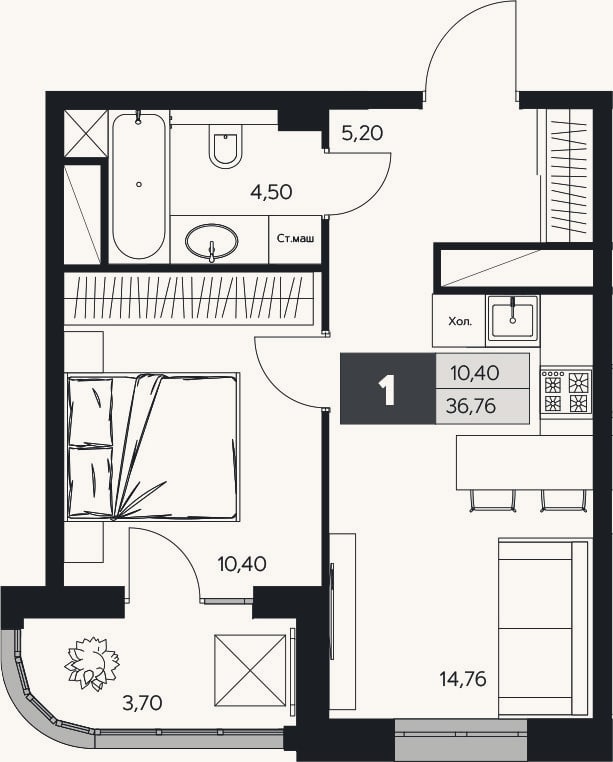 Планировка: 1-к, 34,9 м²