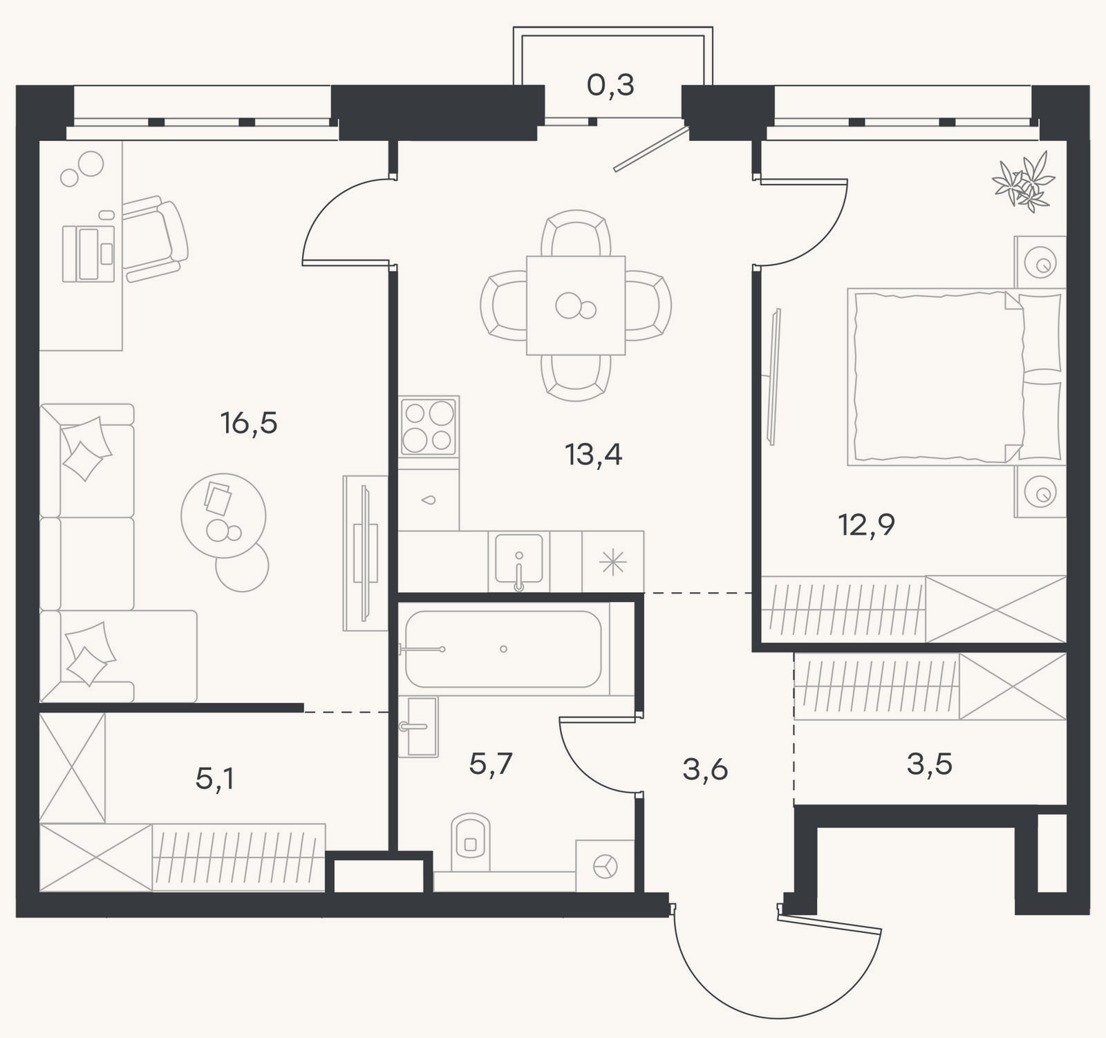 Планировка: 2-к, 60,7 м²