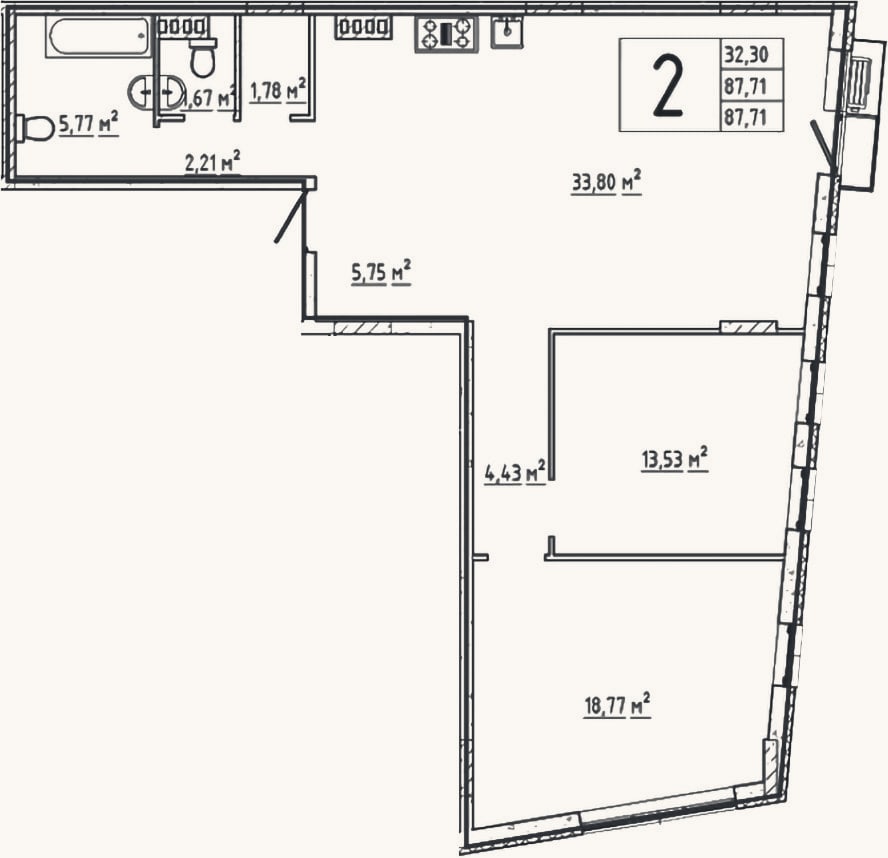 Планировка: 2-к, 88,5 м²