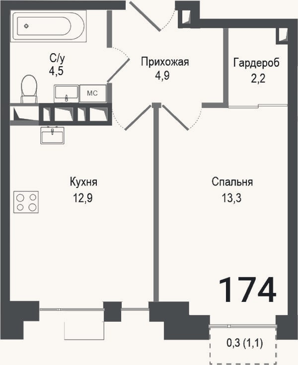 Планировка: 1-к, 37,8 м²