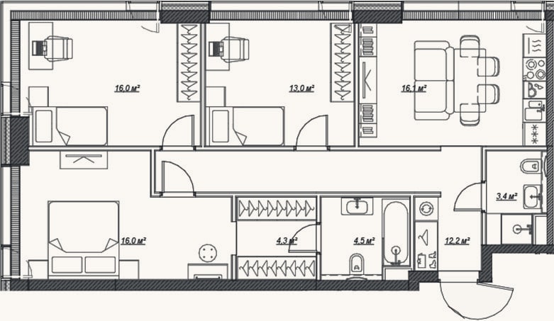 Планировка: 4+ к, 85,5 м²
