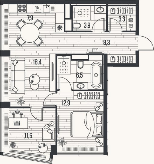 Планировка: 3-к, 72,8 м²