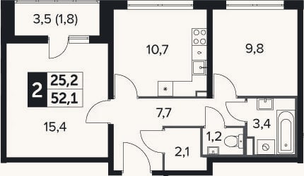 Планировка: 2-к, 50,3 м²