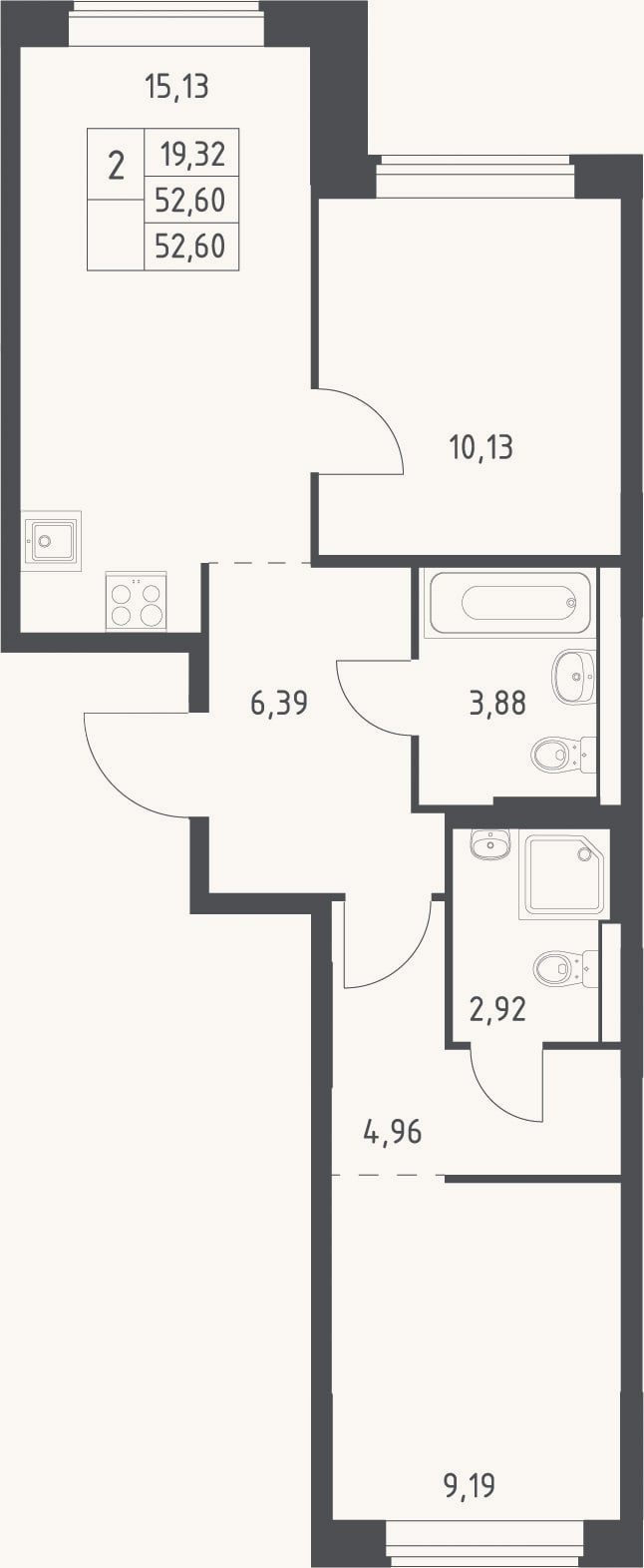 Планировка: 3-к, 52,6 м²
