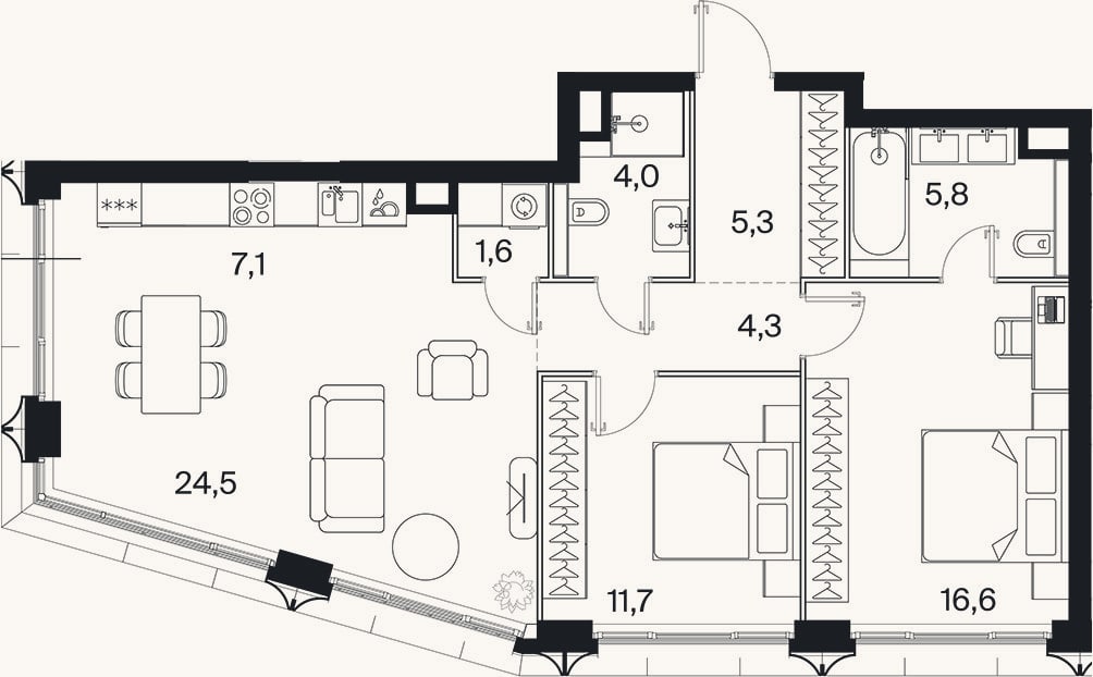Планировка: 3-к, 80,7 м²