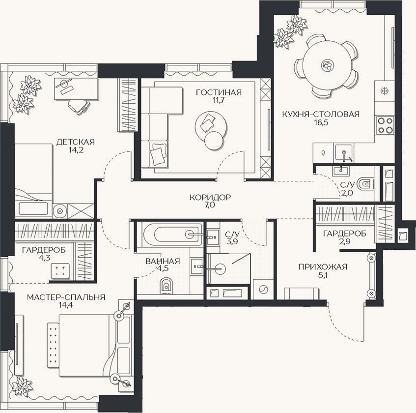 Планировка: 3-к, 86,5 м²