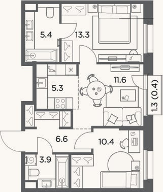 Планировка: 3-к, 56,5 м²