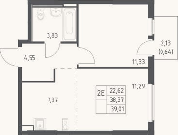 Планировка: 2-к, 38,4 м²