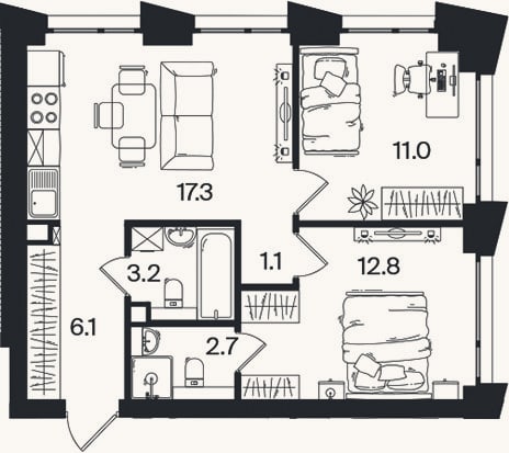 Планировка: 3-к, 54,2 м²