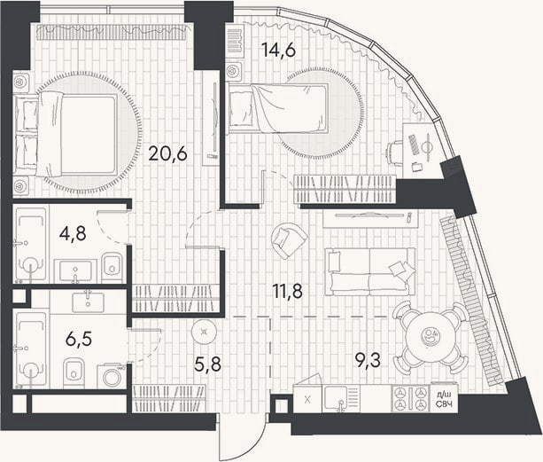 Планировка: 3-к, 73,4 м²