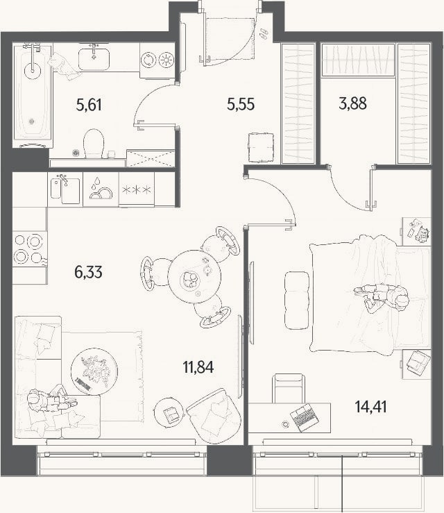 Планировка: 2-к, 47,6 м²
