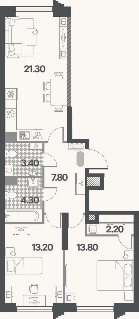 Планировка: 3-к, 66 м²