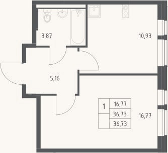 Планировка: 1-к, 36,7 м²
