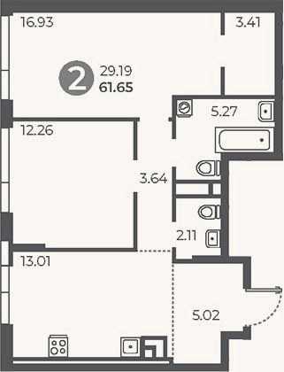 Планировка: 2-к, 61,7 м²