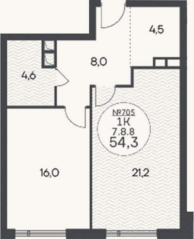 Планировка: 1-к, 54,3 м²