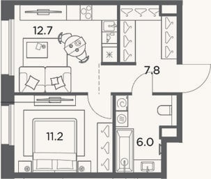 Планировка: 1-к, 37,7 м²