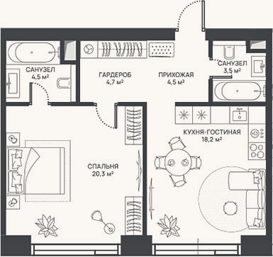 Планировка: 2-к, 55,7 м²