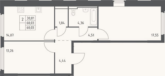 Планировка: 2-к, 60 м²