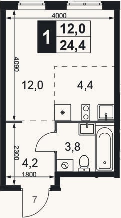 Планировка: Студия, 24,4 м²