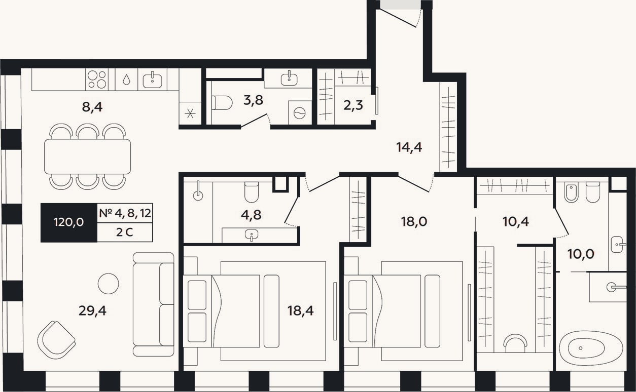 Планировка: 3-к, 118,3 м²