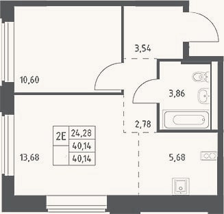 Планировка: 2-к, 40,1 м²