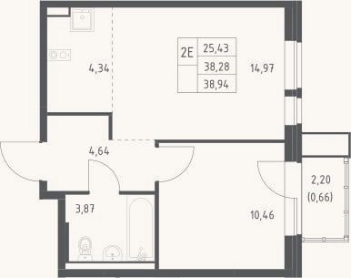 Планировка: 2-к, 38,3 м²