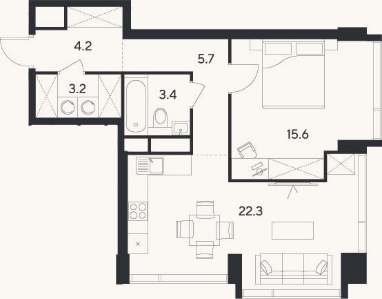 Планировка: 2-к, 54,4 м²