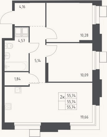 Планировка: 3-к, 55,7 м²
