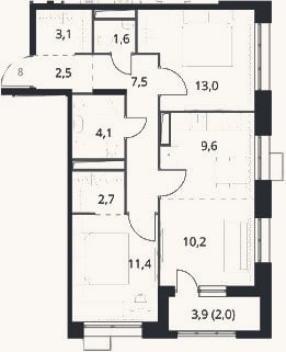 Планировка: 3-к, 65,7 м²
