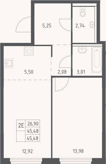 Планировка: 2-к, 45,5 м²